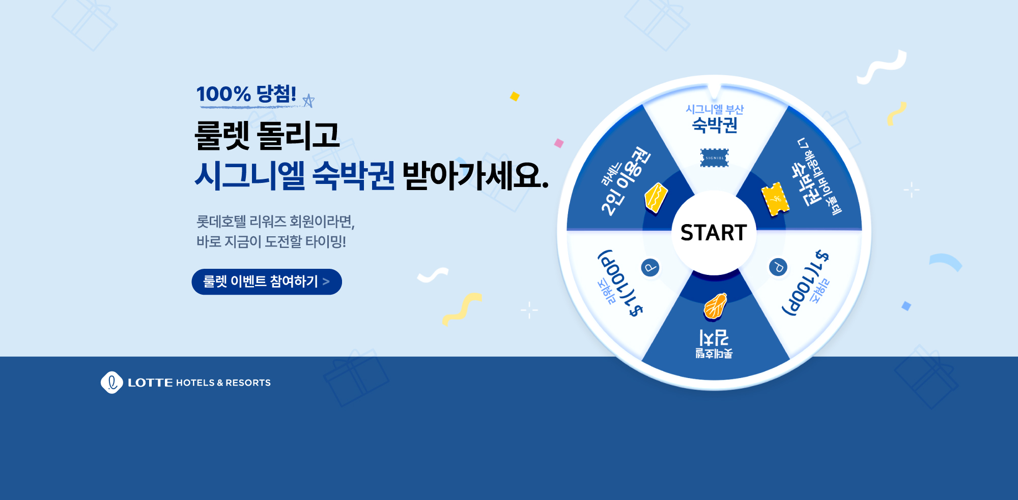 100%당첨! / 룰렛 돌리고 시그니엘 숙박권 받아가세요. / 롯데호텔 리워즈 회원이라면, 바로 지금이 도전할 타이밍! / 룰렛 이벤트 참여하기> / LOTTE HOTELS & RESORTS / 시그니엘 부산 숙박권 SIGNIEL / L7 해운대 바이 롯데 숙박권 / 리워즈 $1(100P) P / 롯데호텔 김치 / 리워즈 $1(100P) P / 라세느 2인 이용권 / START